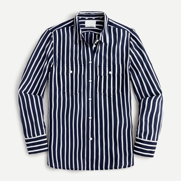 JCrew classic-fit silk shirt in stripe navy blue. Size 0. - Picture 2 of 13